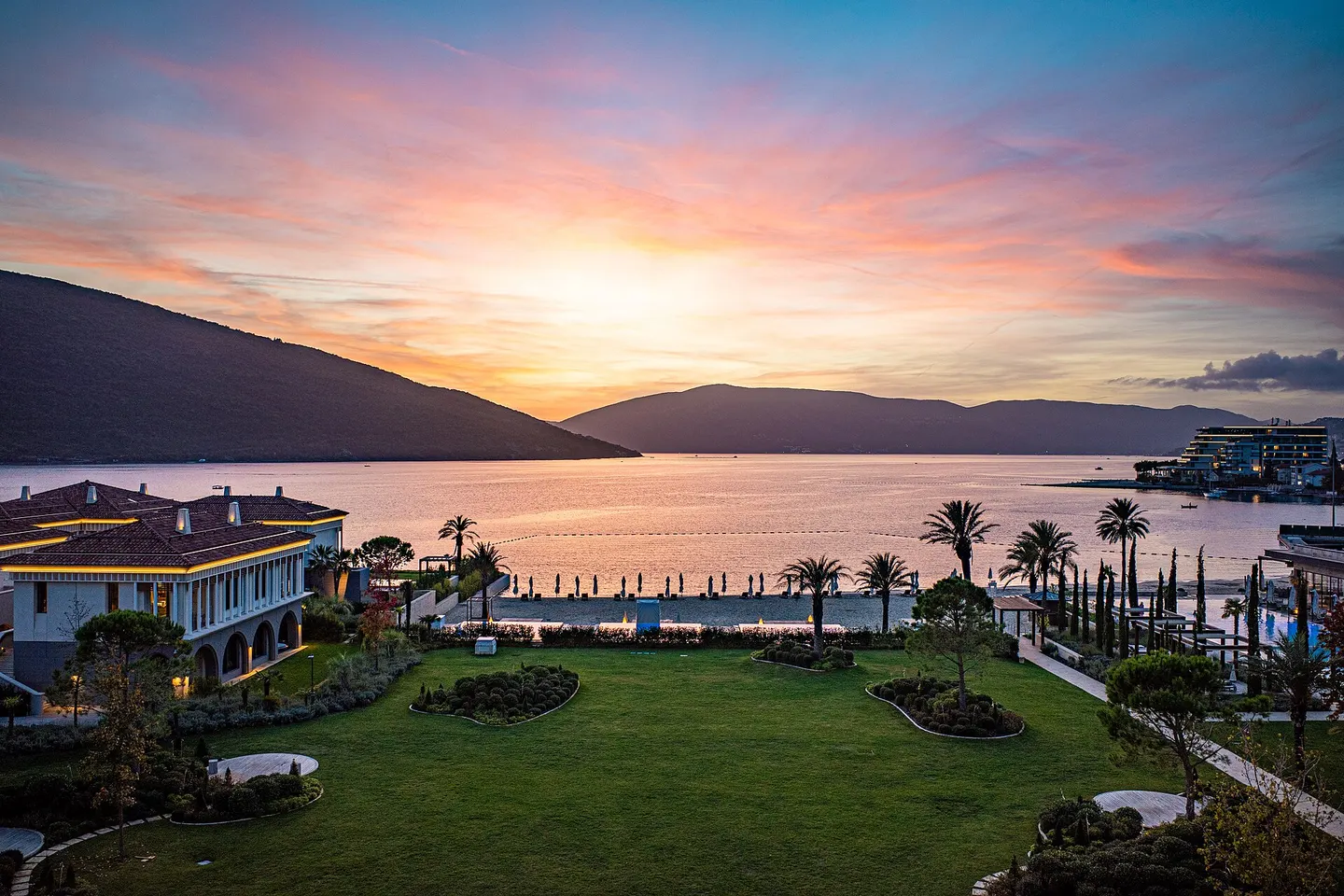 Sunset over the marina and shore at Portonovi in Kumbor