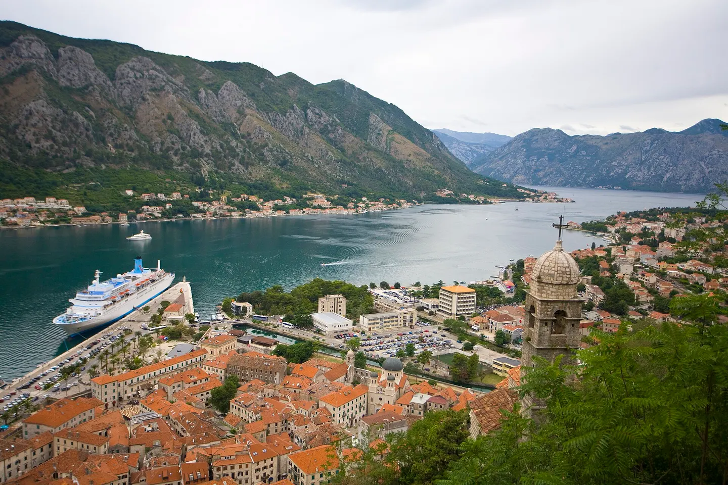 Kotor rooftops and Bay of Kotor seen from the fortress above town